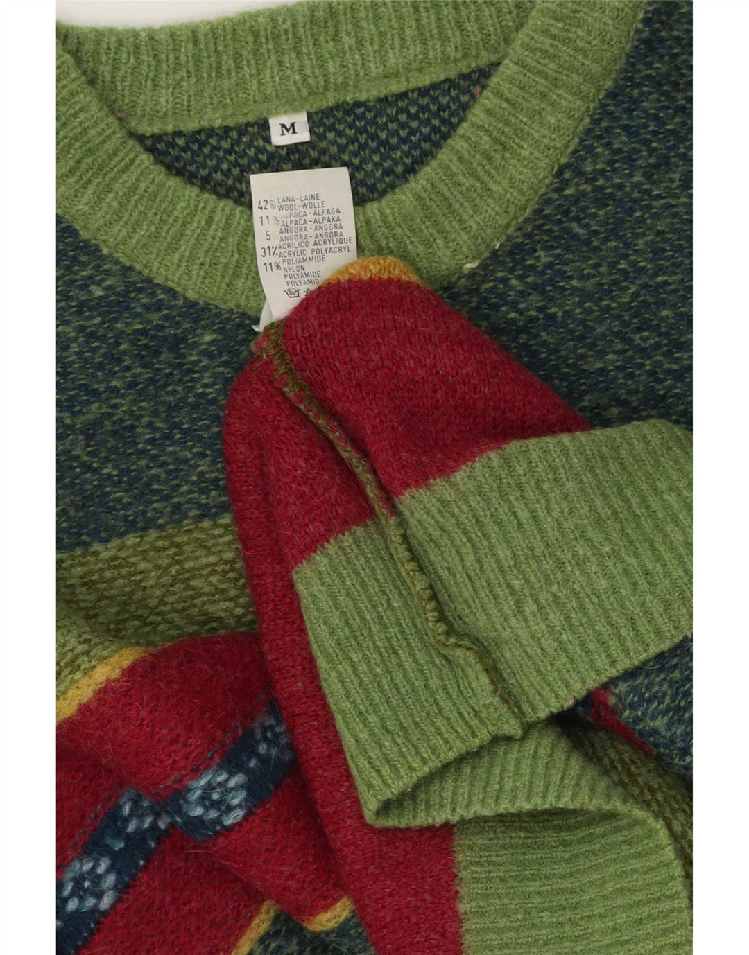 Vintage Mens Crew Neck Jumper Sweater Medium Green Striped Wool
