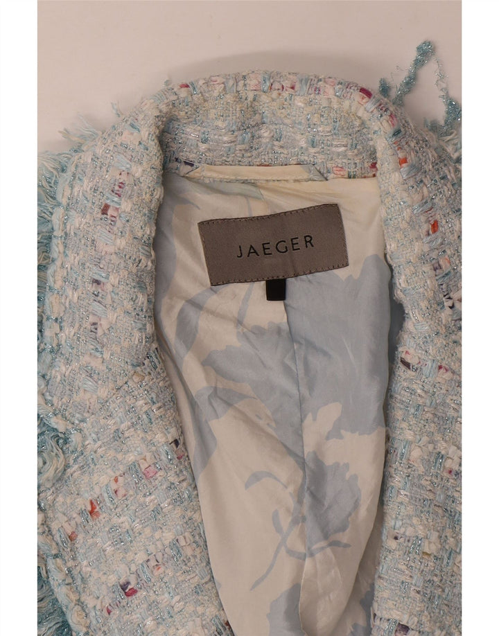 Jaeger Womens Open Blazer Jacket UK 14 Medium Blue Striped Cotton