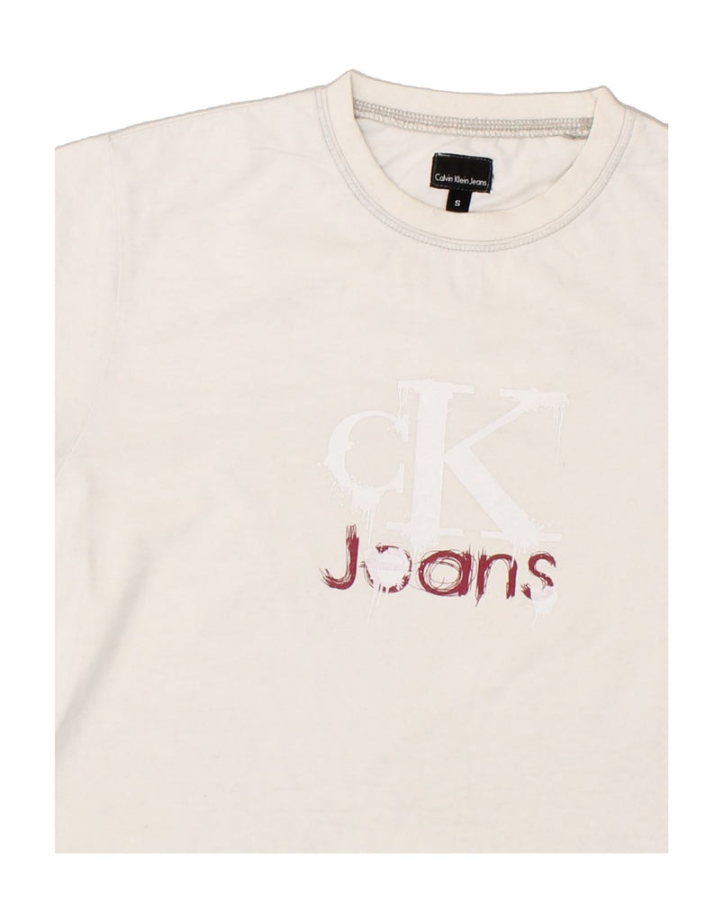 CALVIN KLEIN Womens Graphic T-Shirt Top UK 10 Small Off White Cotton | Vintage Calvin Klein | Thrift | Second-Hand Calvin Klein | Used Clothing | Messina Hembry 