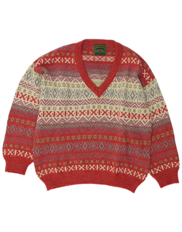 Vintage Mens V-Neck Jumper Sweater Large Multicoloured Fair Isle Wool