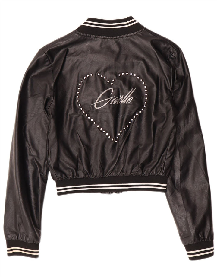 GAELLE Womens Graphic Crop Leather Jacket UK 6 XS Black