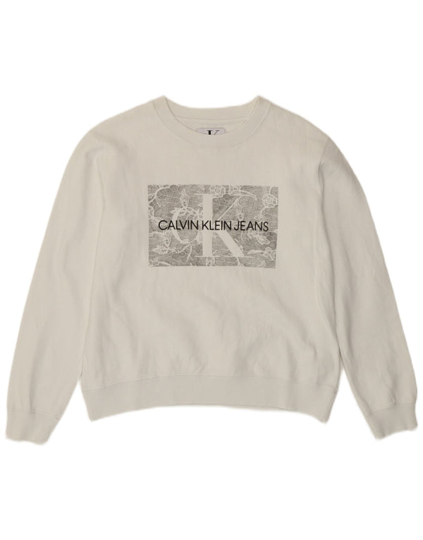 Calvin Klein Womens Graphic Sweatshirt Jumper UK 10 Small White Cotton