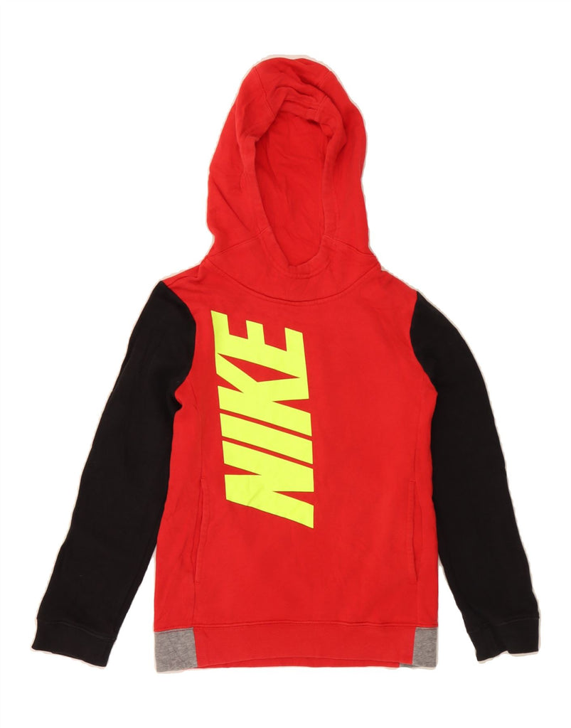 NIKE Girls Graphic Hoodie Jumper 8-9 Years Small Red Colourblock Cotton Vintage Nike and Second-Hand Nike from Messina Hembry 