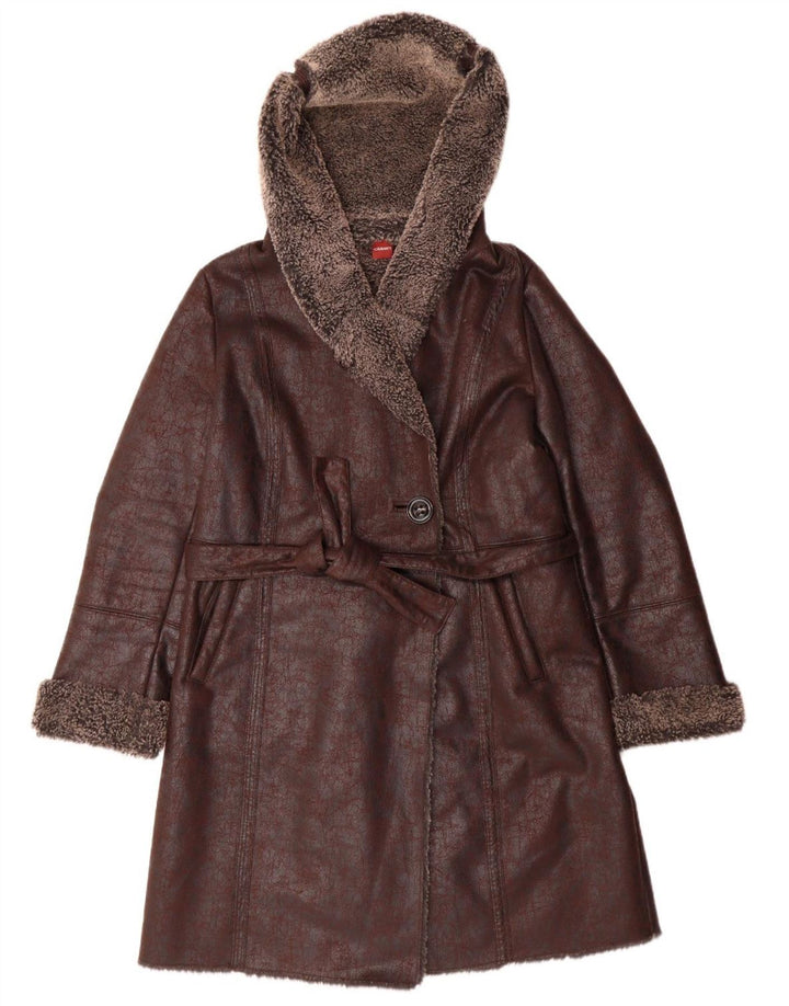 OLSEN Womens Sherpa Hooded Overcoat UK 14 Large Brown Polyester