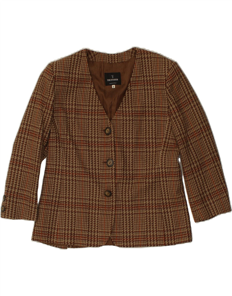 TRUSSARDI Womens 3 Button Blazer Jacket US 14 XL Brown Check Wool | Vintage Trussardi | Thrift | Second-Hand Trussardi | Used Clothing | Messina Hembry 