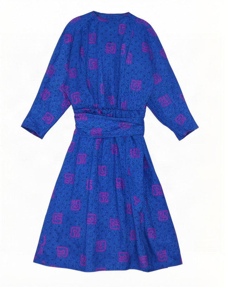 Vintage Womens Abstract Pattern Long Sleeve Maxi Dress UK 10 Small Blue