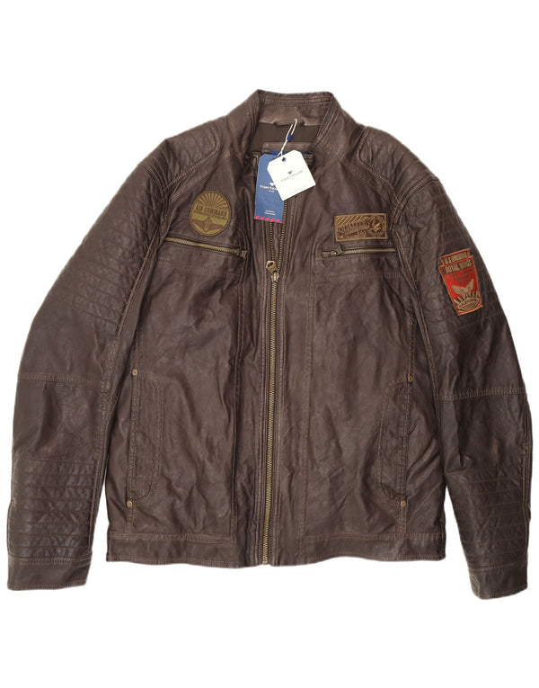 Tom Tailor Mens Racer Faux Leather Flight Aviator Jacket UK 42 XL Brown