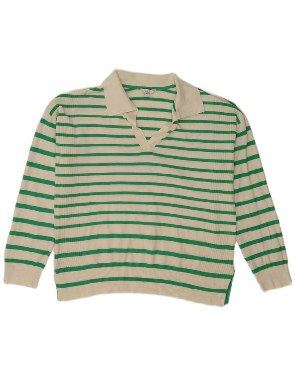 M&Co Womens Polo Neck Jumper Sweater UK 14 Large White Striped Viscose