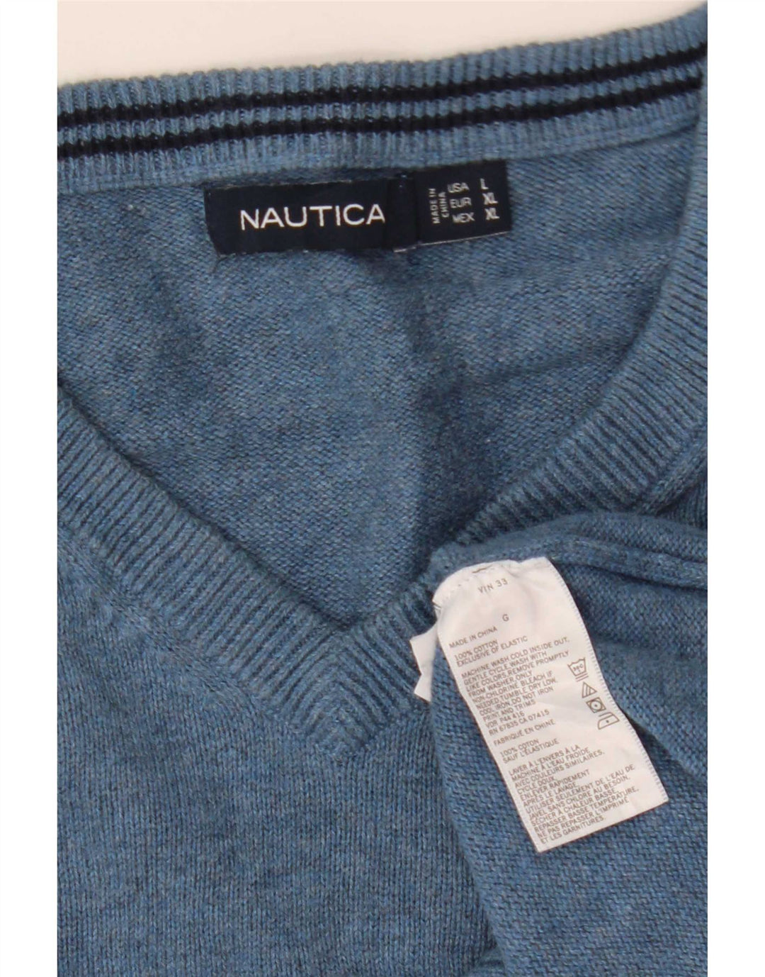 Nautica Mens V-Neck Jumper Sweater Large Blue Cotton