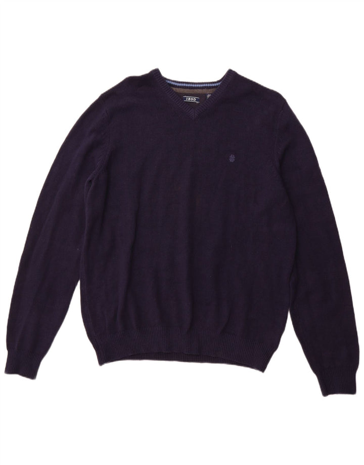 IZOD Mens V-Neck Jumper Sweater Large Navy Blue Cotton