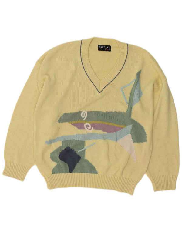 Dardano Mens V-Neck Jumper Sweater IT 52 Large Yellow Geometric Cotton
