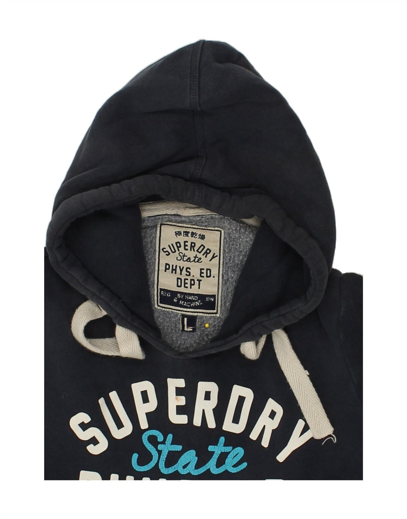 SUPERDRY Womens Graphic Hoodie Jumper UK 16 Large Navy Blue Cotton | Vintage Superdry | Thrift | Second-Hand Superdry | Used Clothing | Messina Hembry 