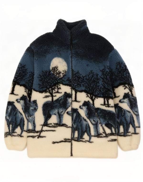 Vintage Mens Graphic Fleece Jacket UK 40 Large Navy Blue Animal Print