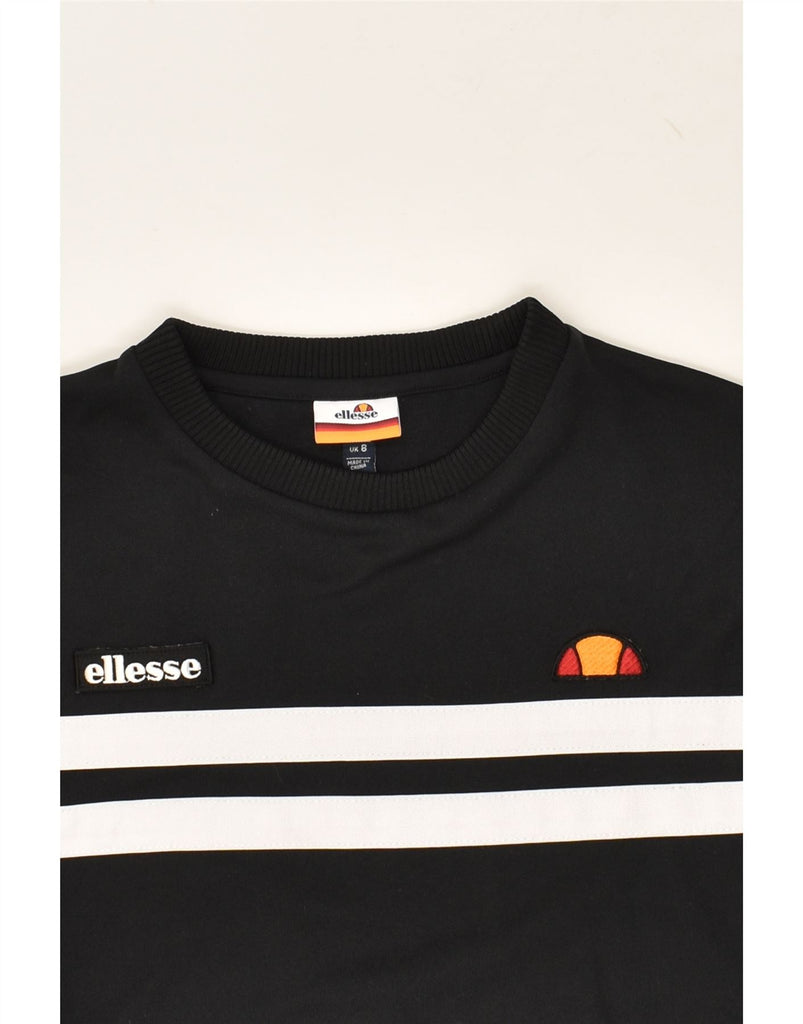 ELLESSE Womens Graphic Sweatshirt Jumper UK 8 Small Black Striped Cotton | Vintage Ellesse | Thrift | Second-Hand Ellesse | Used Clothing | Messina Hembry 