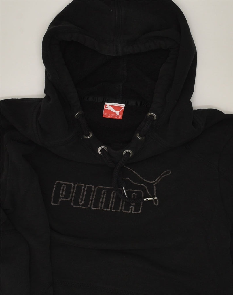 PUMA Womens Graphic Hoodie Jumper UK 14 Large Black Cotton | Vintage Puma | Thrift | Second-Hand Puma | Used Clothing | Messina Hembry 