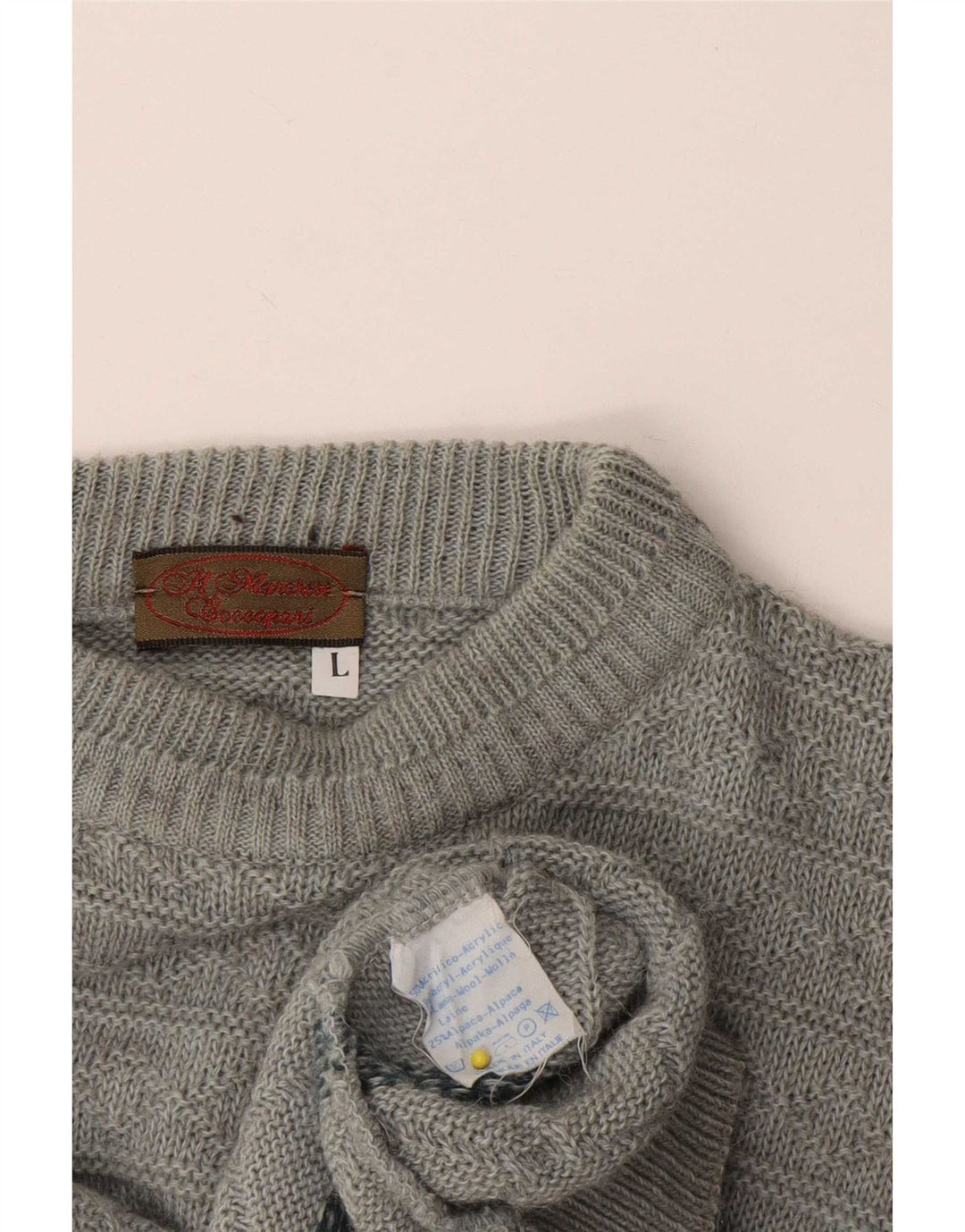 Vintage Mens Crew Neck Jumper Sweater Large Grey Geometric Acrylic