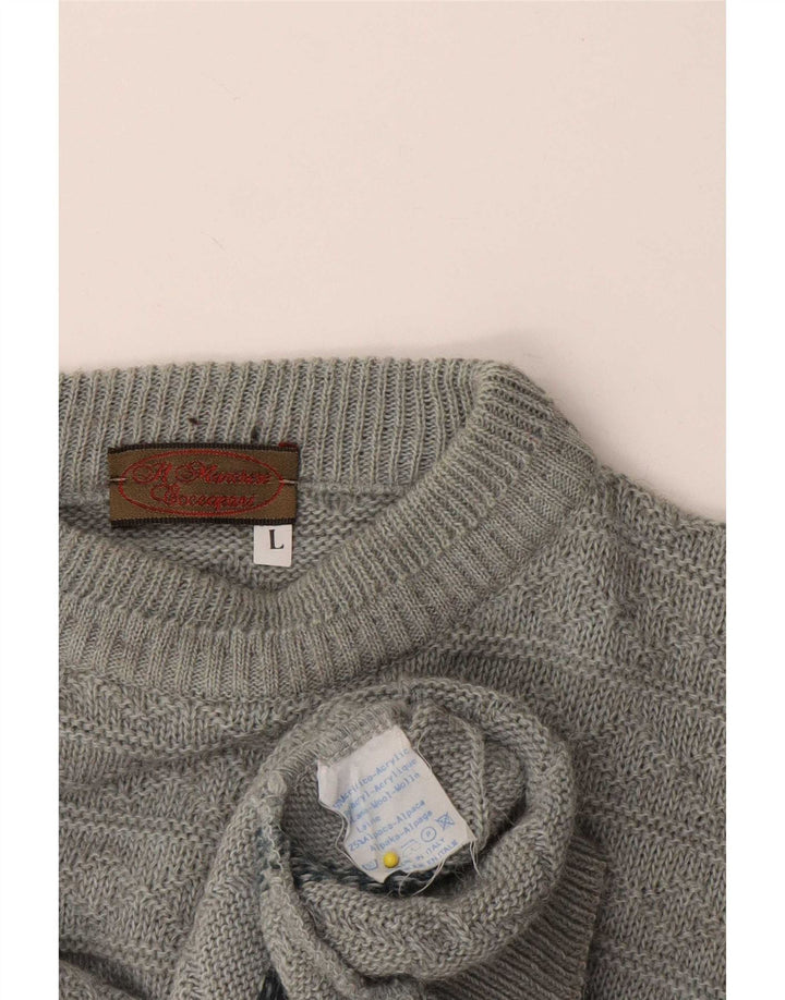 Vintage Mens Crew Neck Jumper Sweater Large Grey Geometric Acrylic