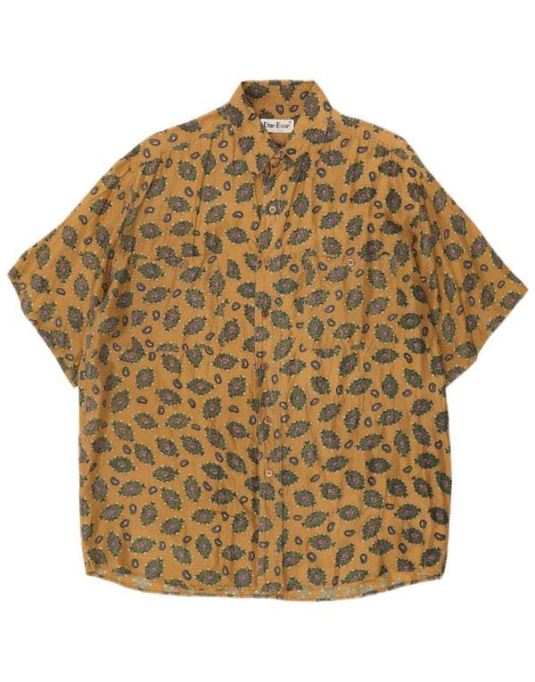 Vintage Mens Short Sleeve Shirt Medium Beige Geometric Silk