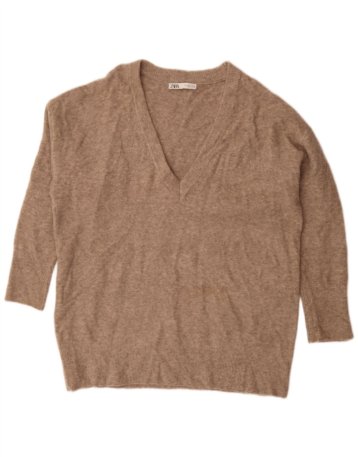 Zara Womens Oversized Longline V-Neck Jumper Sweater UK 16 Large Brown