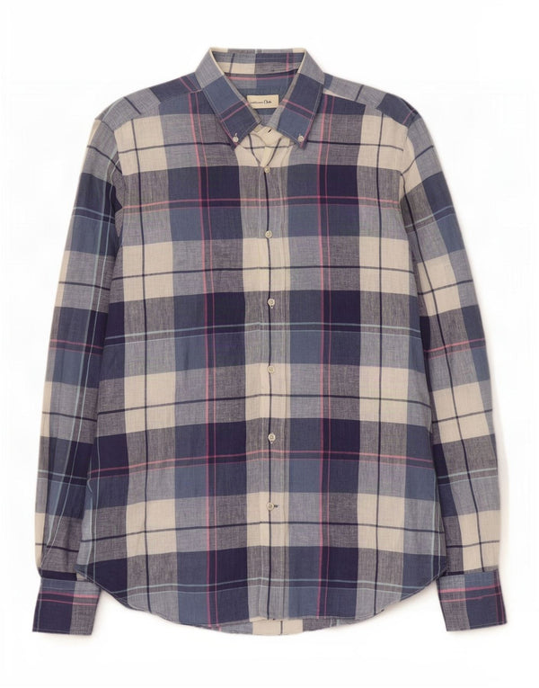 Massimo Dutti Mens Shirt Large Blue Check Linen