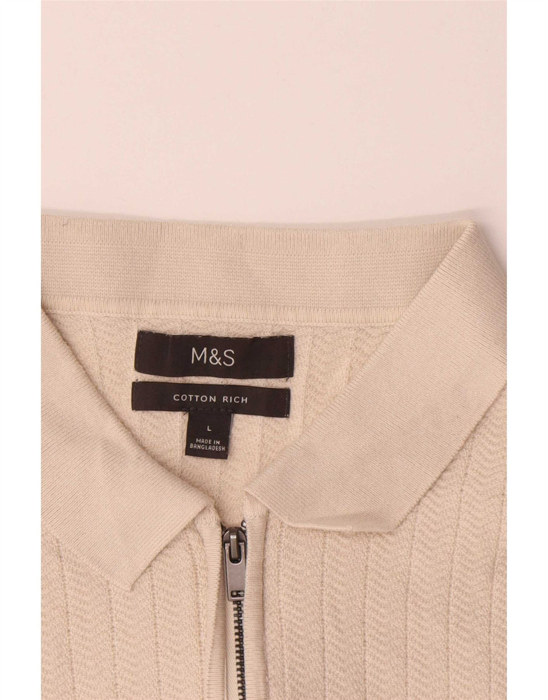Marks & Spencer Mens Polo Shirt Large Beige Herringbone Cotton