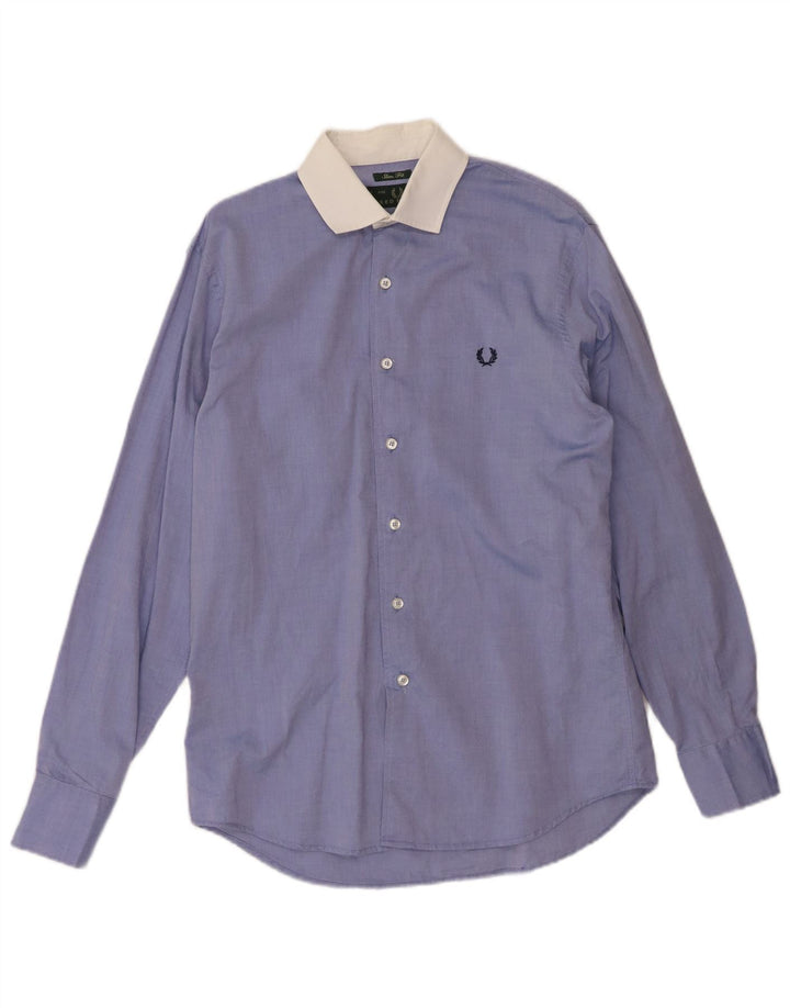 FRED PERRY Mens Slim Fit Shirt Medium Blue Colourblock Cotton