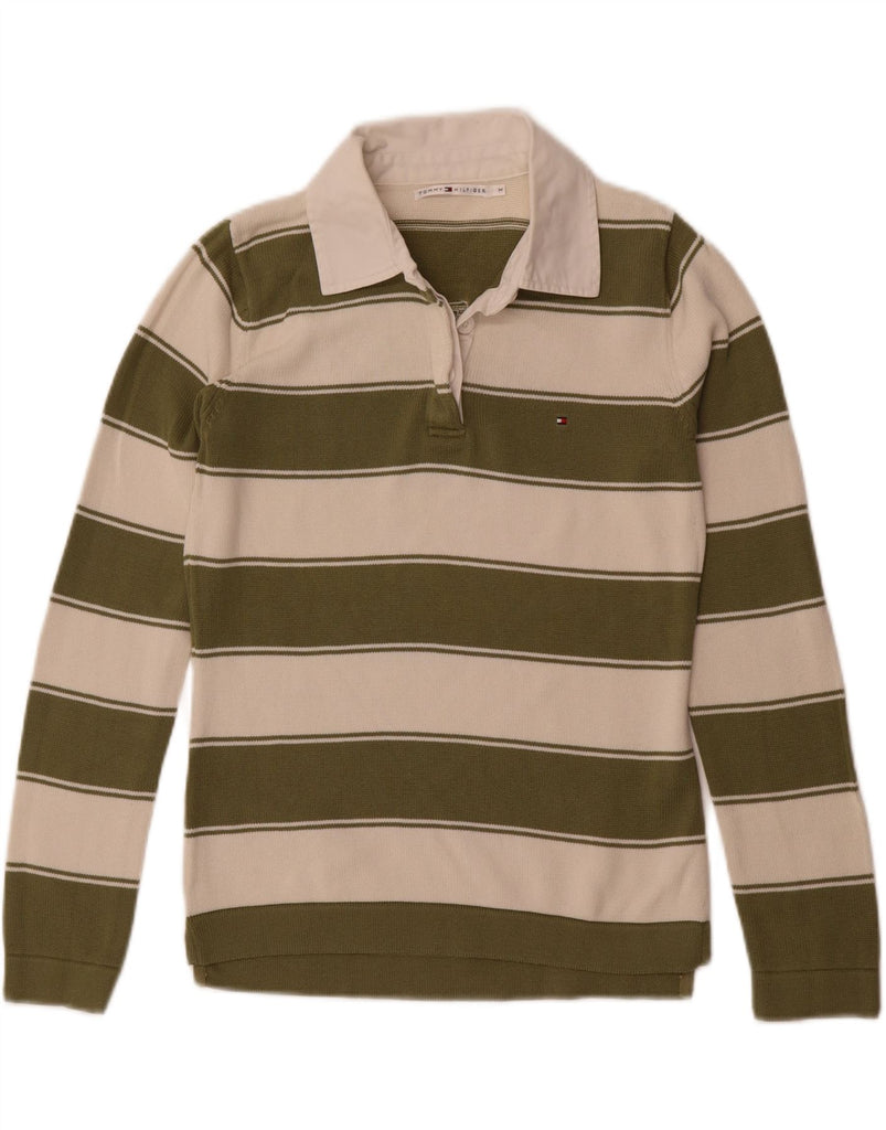 TOMMY HILFIGER Womens Polo Neck Jumper Sweater UK 14 Medium Green Striped Vintage Tommy Hilfiger and Second-Hand Tommy Hilfiger from Messina Hembry 