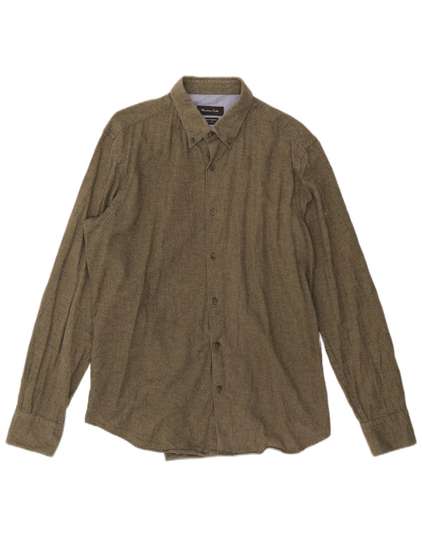 Massimo Dutti Mens Flannel Shirt Large Khaki Flecked