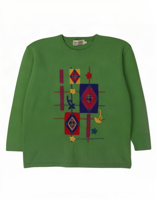Alice Collins Womens Crew Neck Jumper Sweater UK 16 Large Green Geometric