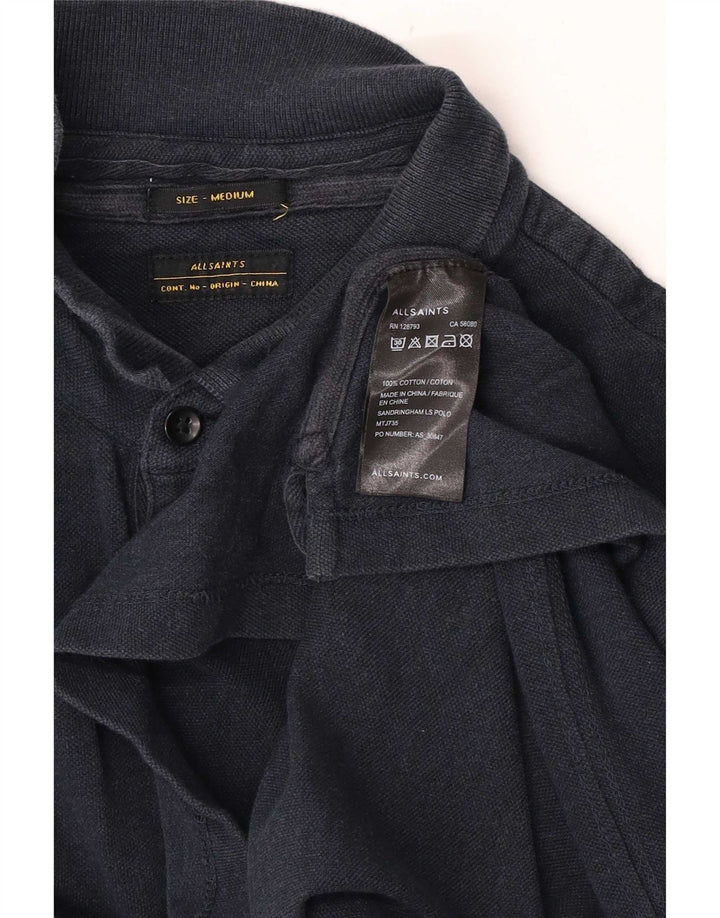 All Saints Mens Long Sleeve Polo Shirt Medium Navy Blue Cotton