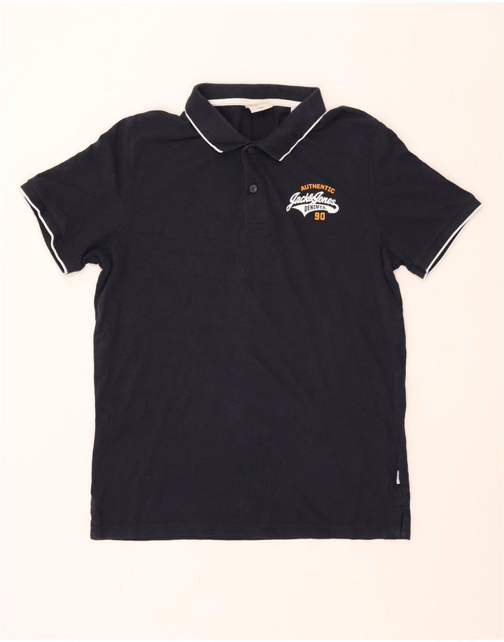JACK & JONES Mens Graphic Polo Shirt Large Navy Blue Cotton