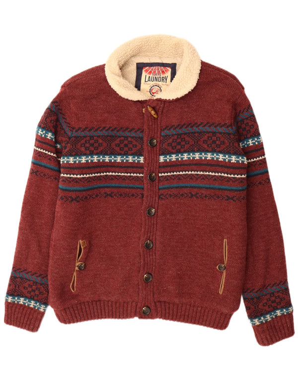 Tokyo Laundry Mens Knit Sherpa Jacket UK 42 XL Burgundy Geometric Acrylic