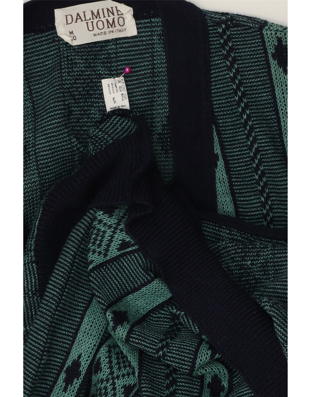 DALMINE Mens Cardigan Sweater Medium Green Geometric Cotton