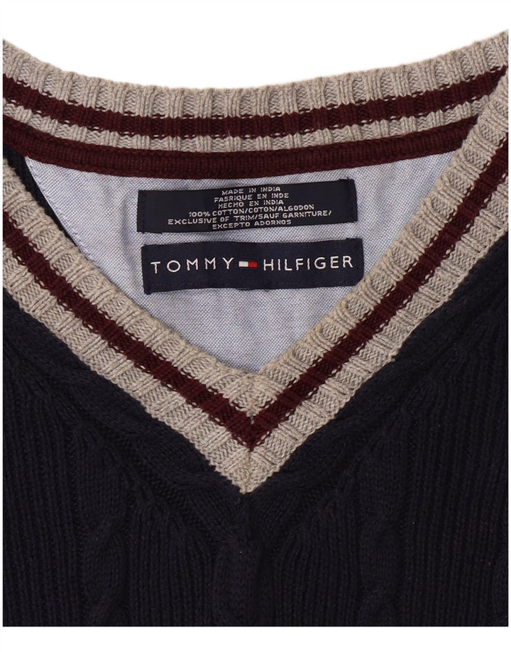 TOMMY HILFIGER Mens V-Neck Jumper Sweater XL Navy Blue Colourblock Cotton