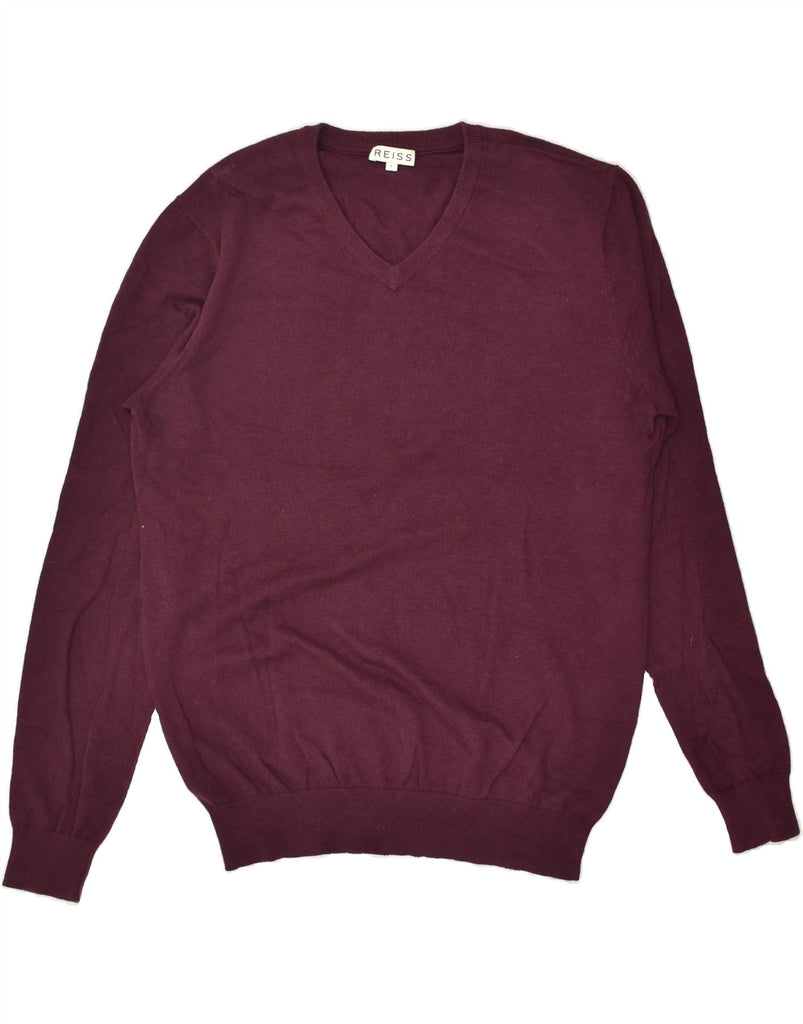 REISS Mens V-Neck Jumper Sweater Large Maroon Wool | Vintage Reiss | Thrift | Second-Hand Reiss | Used Clothing | Messina Hembry 
