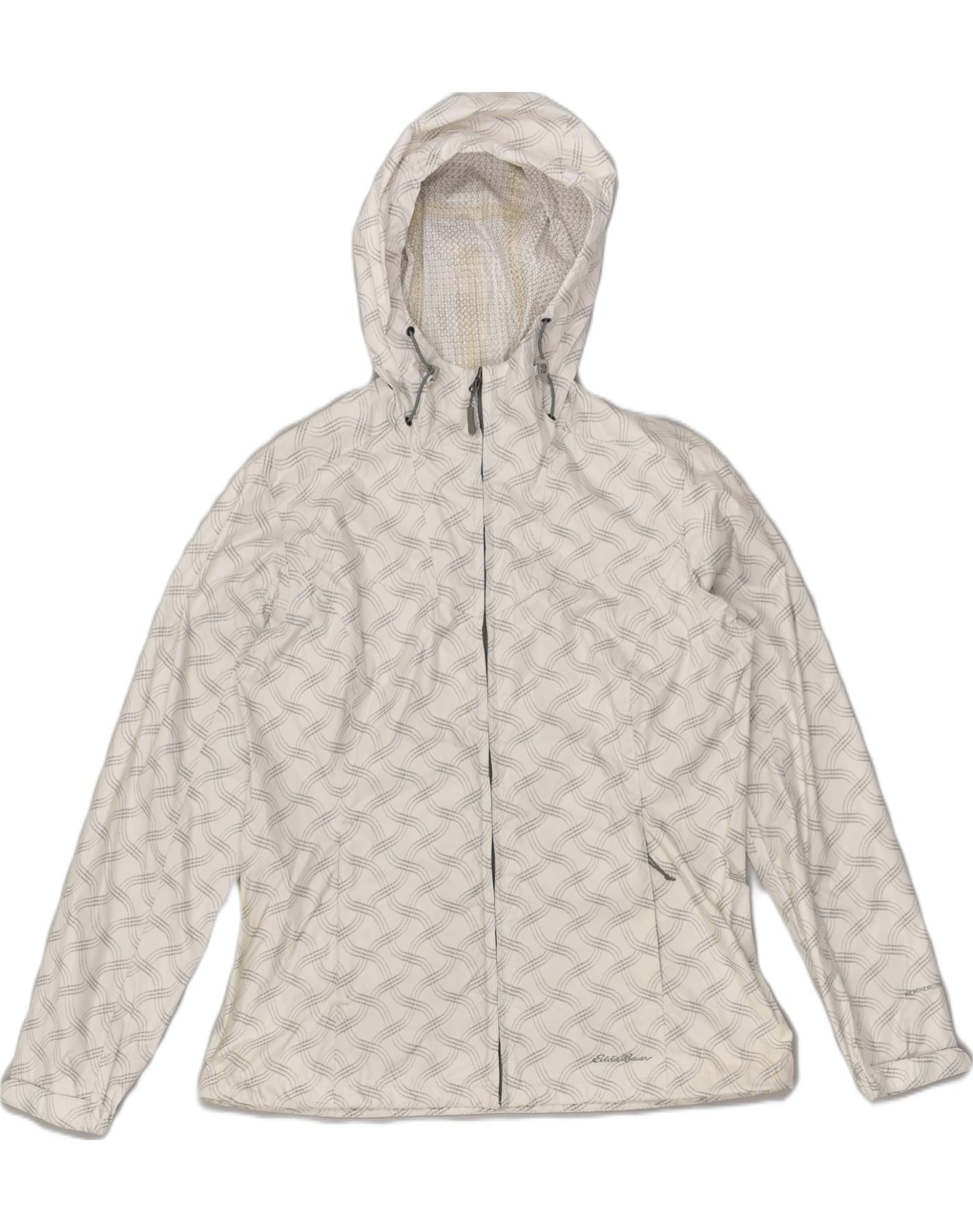 EDDIE BAUER Womens Hooded Rain Jacket UK 14 Medium White Check Nylon, Vintage & Second-Hand Clothing Online