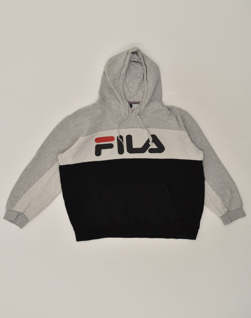 FILA Mens Graphic Hoodie Jumper Medium Grey Colourblock Cotton | Vintage Fila | Thrift | Second-Hand Fila | Used Clothing | Messina Hembry 