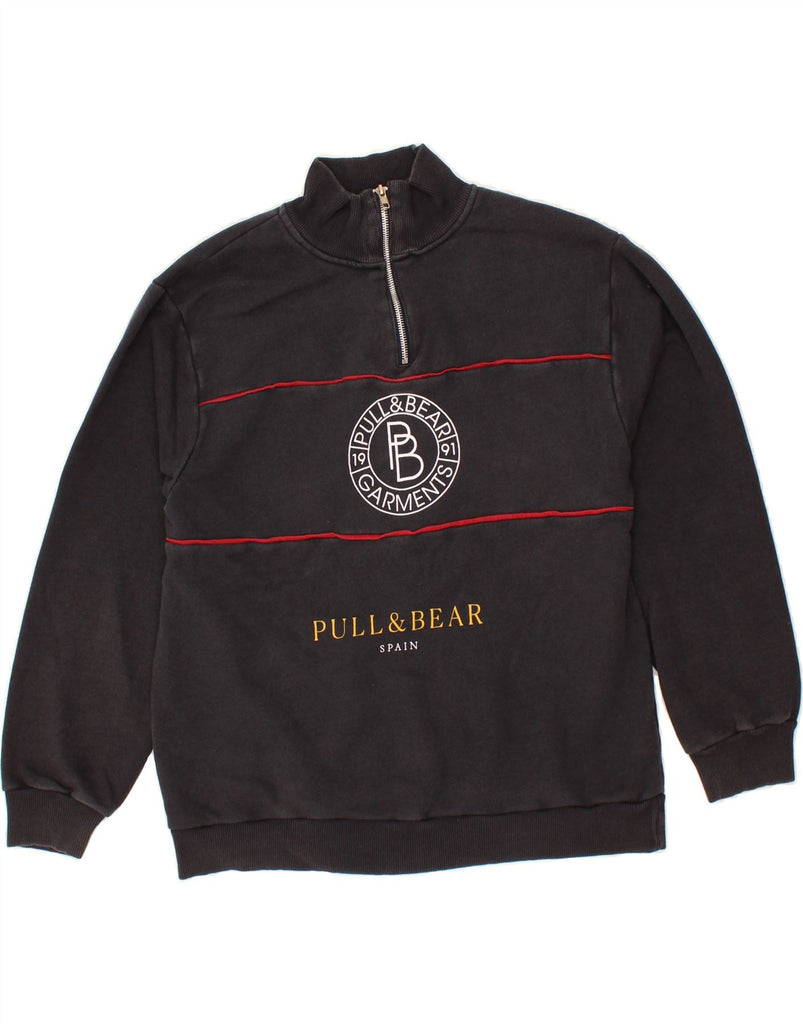 PULL & BEAR Womens Graphic Zip Neck Sweatshirt Jumper UK 14 Medium Black Vintage Pull & Bear and Second-Hand Pull & Bear from Messina Hembry 