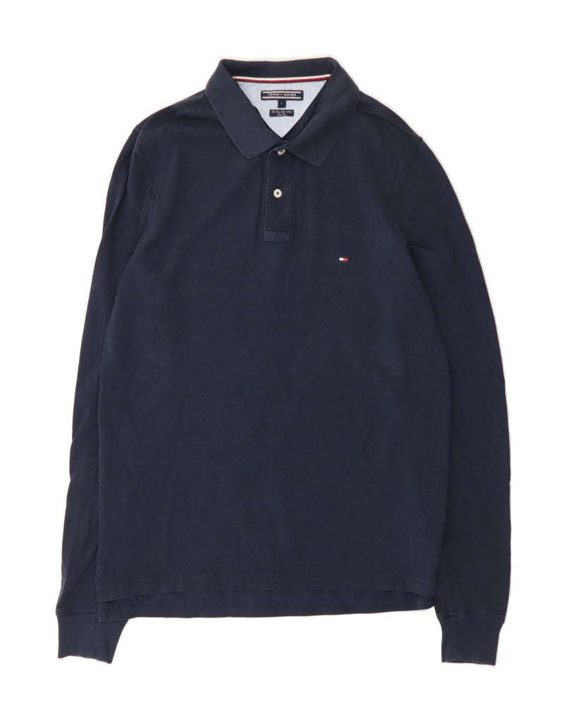 TOMMY HILFIGER Mens Slim Fit Long Sleeve Polo Shirt Large Navy Blue Cotton Vintage Tommy Hilfiger and Second-Hand Tommy Hilfiger from Messina Hembry 