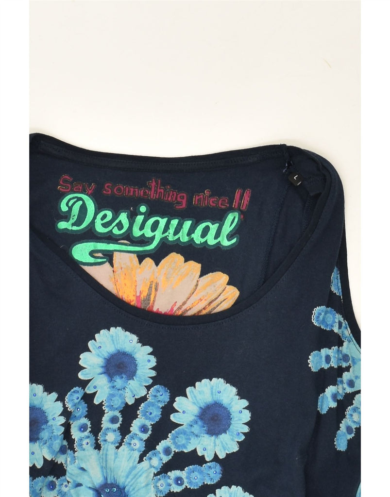 DESIGUAL Womens Graphic T-Shirt Dress UK 14 Large Navy Blue Floral Cotton | Vintage Desigual | Thrift | Second-Hand Desigual | Used Clothing | Messina Hembry 