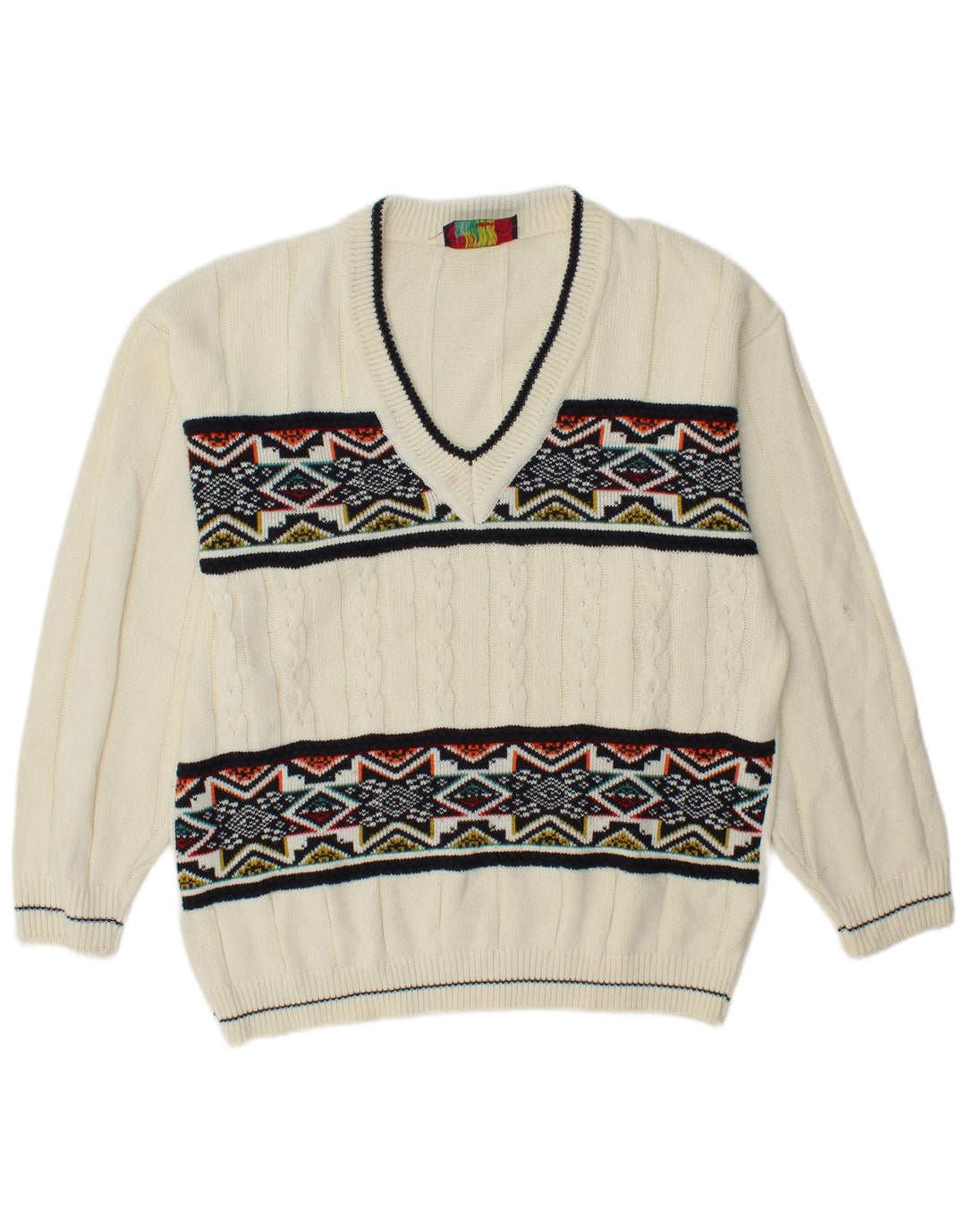 VINTAGE Mens V-Neck Jumper Sweater XL White Fair Isle