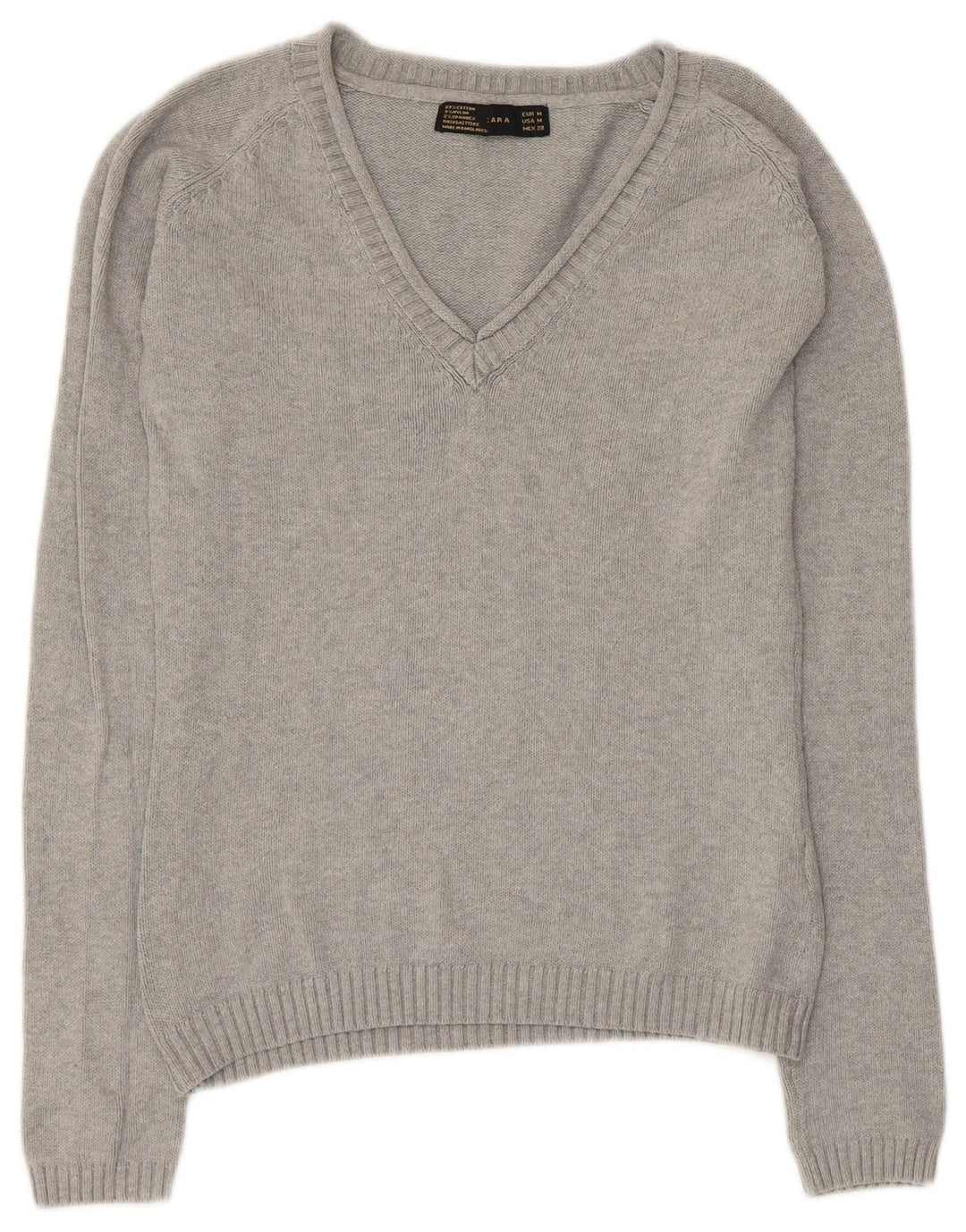 ZARA Womens V-Neck Jumper Sweater UK 12 Medium Grey Cotton
