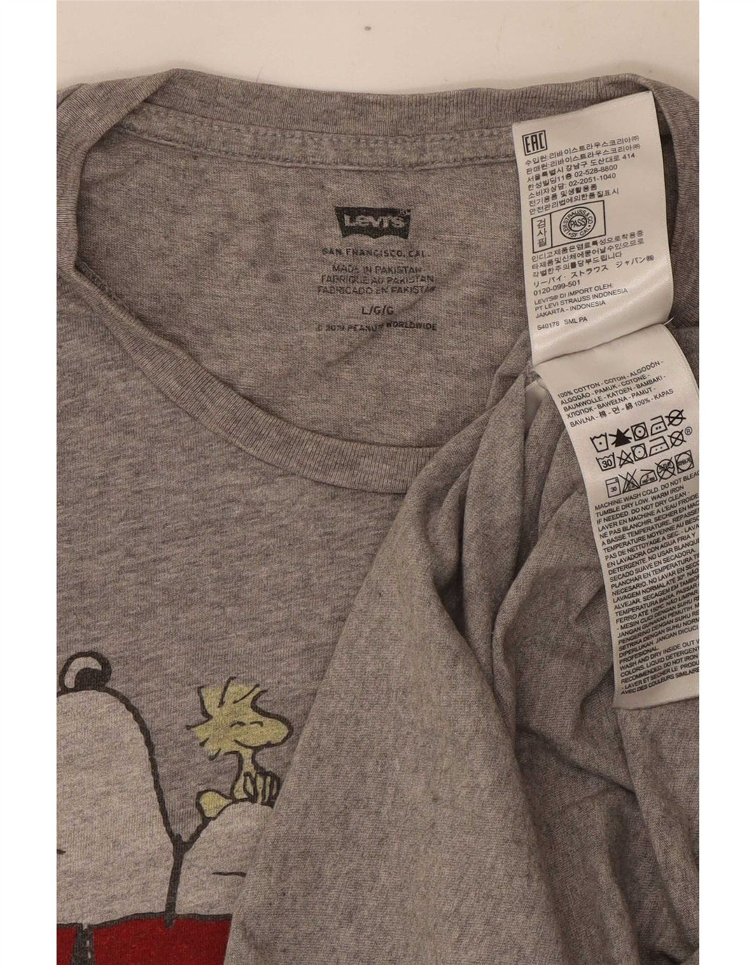 Levi's Mens Peanuts Graphic T-Shirt Top Large Grey Flecked Cotton