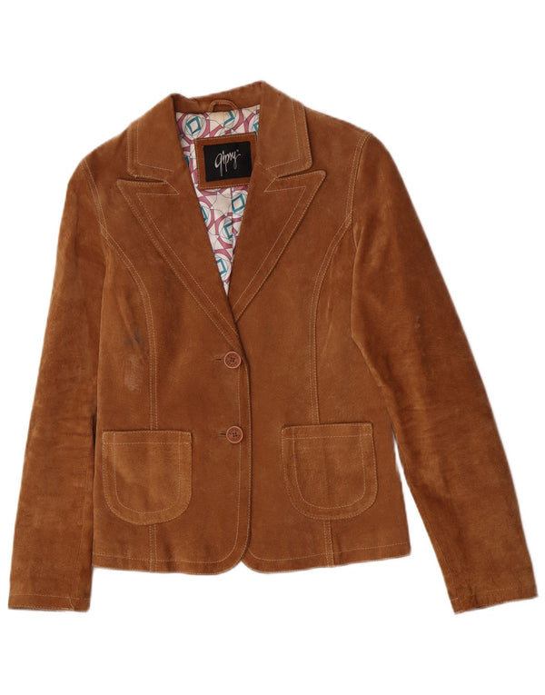 Gipsy Womens 2 Button Suede Blazer Jacket UK 10 Small Brown Leather