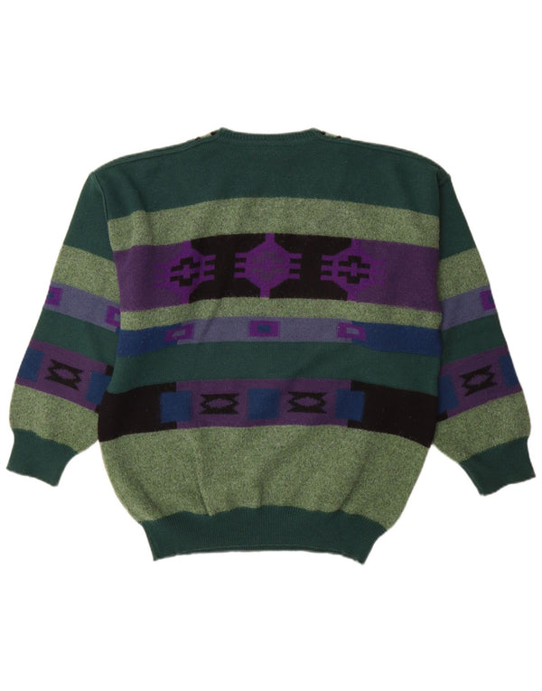Baffo Mens V-Neck Jumper Sweater IT 52 Large Green Geometric Wool