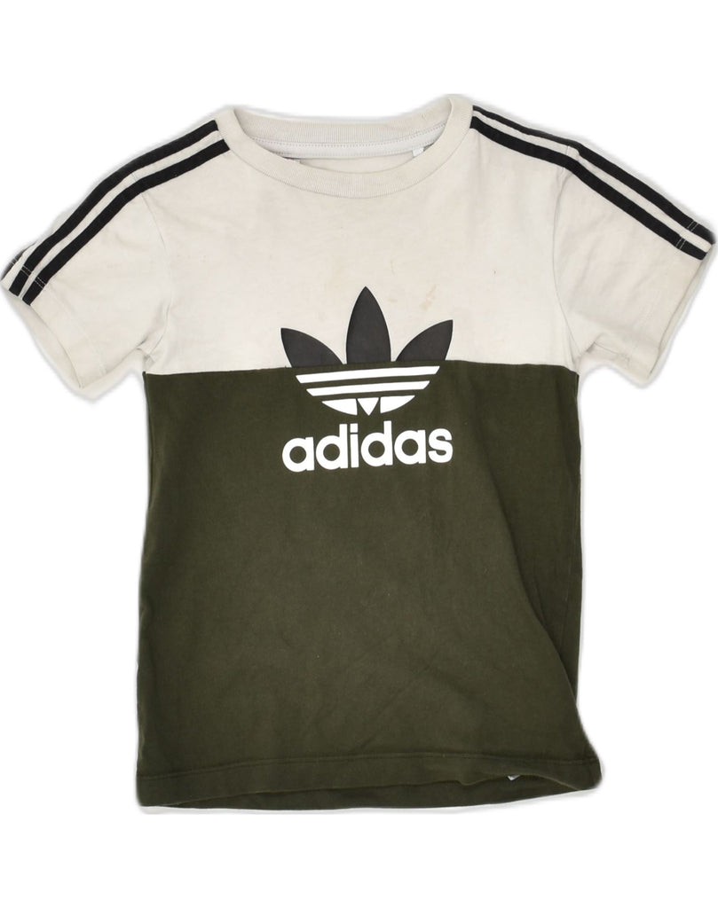 ADIDAS Boys Graphic T-Shirt Top 3-4 Years Khaki Colourblock Cotton | Vintage Adidas | Thrift | Second-Hand Adidas | Used Clothing | Messina Hembry 