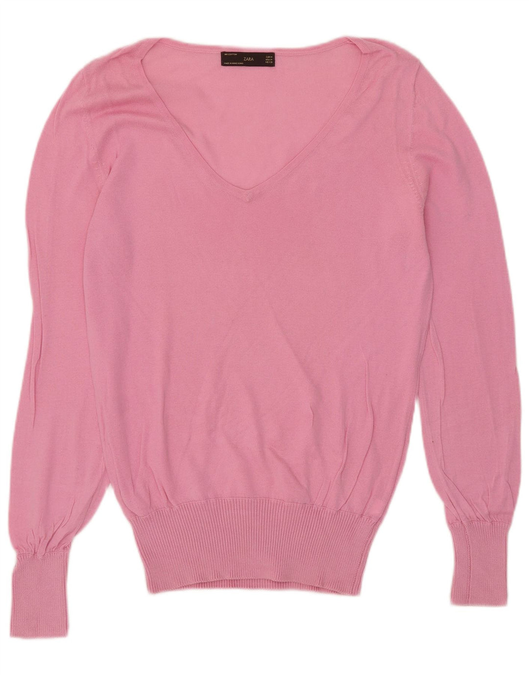 Zara Womens V-Neck Jumper Sweater UK 14 Medium Pink Cotton