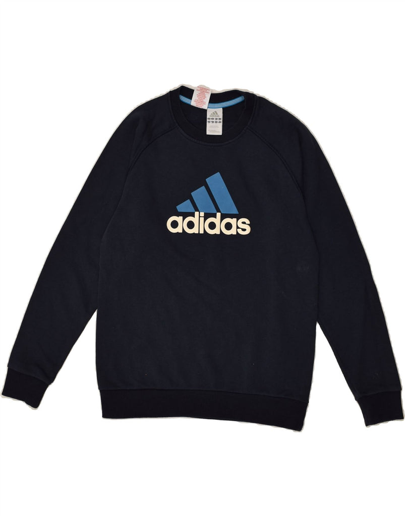 ADIDAS Boys Graphic Sweatshirt Jumper 13-14 Years Navy Blue Cotton | Vintage Adidas | Thrift | Second-Hand Adidas | Used Clothing | Messina Hembry 