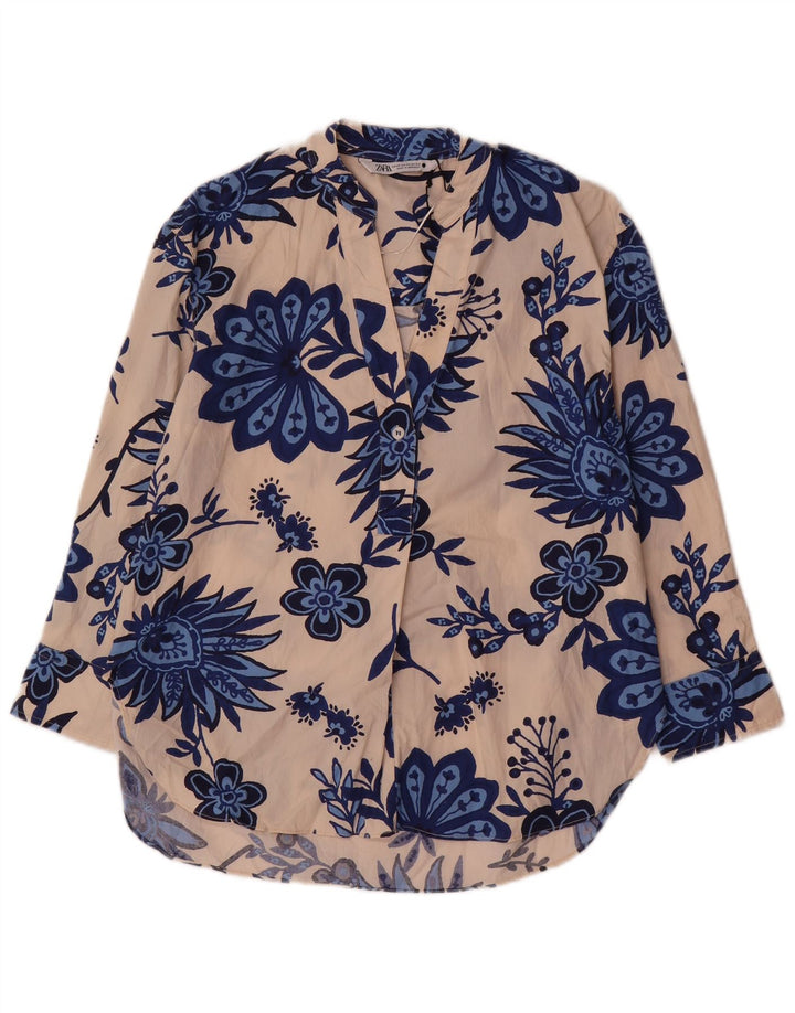 Zara Womens Oversized Pullover Shirt UK 6 XS Beige Floral Cotton
