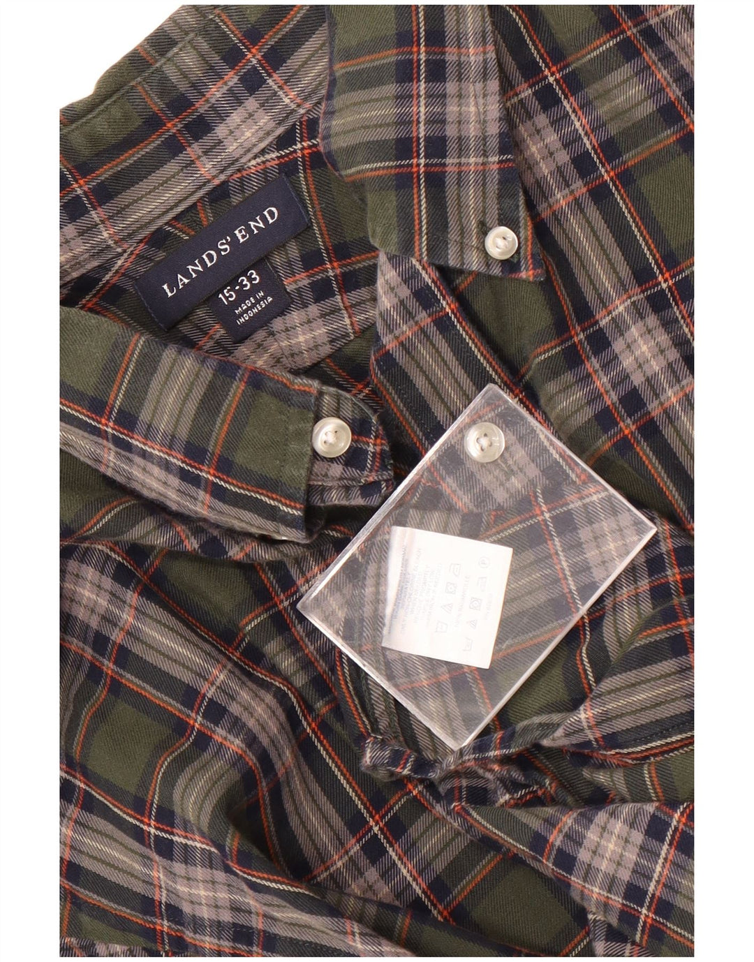 Lands End Mens Checked  Shirt Size 15 Medium Green Check